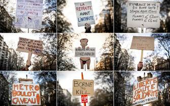 TOPSHOT - (COMBO) This combination of pictures made on January 31, 2023 shows placards during a rally called by French trade unions in Toulouse, southwestern France for a second day of nationwide strikes and protests over the government's proposed pension reform. - The French President faced a new wave of anger over his plan to reform pensions, with nationwide strikes and protests causing widespread disruption in transport, schools and other public services. (Photo by Lionel BONAVENTURE / AFP) (Photo by LIONEL BONAVENTURE/AFP via Getty Images)