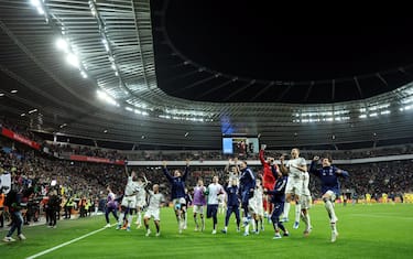 LEVERKUSEN, GERMANY - NOVEMBER 20: Players of Italy celebrate after the UEFA EURO 2024 European qualifier match between Ukraine and Italy at BayArena on November 20, 2023 in Leverkusen, Germany. (Photo by Lars Baron/Getty Images)