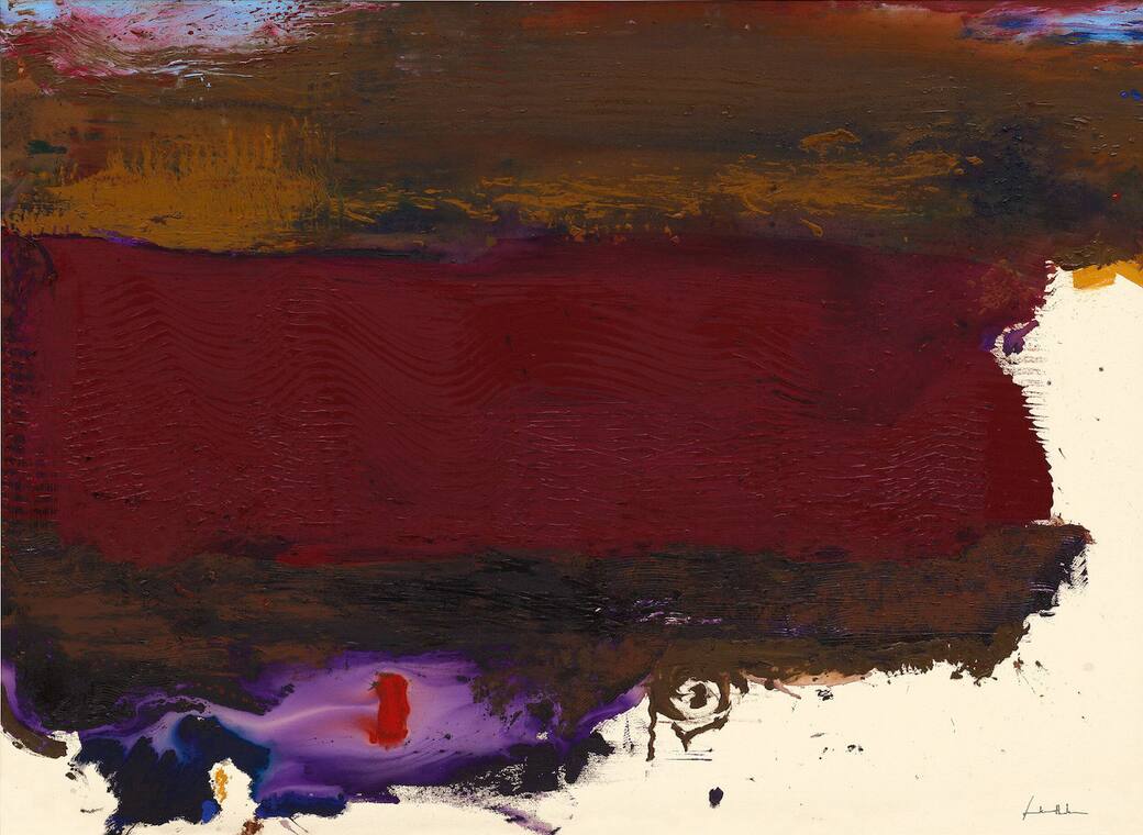 Helen Frankenthaler, Requiem, 1992. Acrylic on canvas, 79.1 x 243.8 cm. Guggenheim Bilbao Museoa © 2025 Helen Frankenthaler Foundation / VEGAP