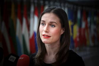 Prime Minister of Sanna Mirella Marin talks to the media at a standup doorstep media press briefing after the end of the 2-day European Council summit. The Finnish PM Sanna Marin does statements, talks about the meeting with the EU leaders and heads of states at the headquarters of the European Union and answers questions from journalists. EUCO in Brussels, Belgium on 24 March 2023  (Photo by Nicolas Economou/NurPhoto via Getty Images)