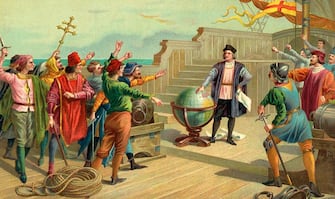 Vintage illustration of Christopher Columbus on the deck of the Santa Maria in 1492; chromolithograph, 1904. (Photo by GraphicaArtis/Getty Images)