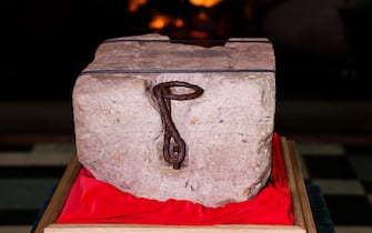 EDINBURGH, SCOTLAND - APRIL 27:    The Stone of Destiny lies in Edinburgh Castle before onward transportation to Westminster Abbey for the Coronation of King Charles III, on April 27, 2023 in Edinburgh, Scotland. (Photo by Russell Cheyne - Pool/Getty Images)