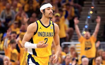INDIANAPOLIS, INDIANA - MAY 27: Andrew Nembhard #2 of the Indiana Pacers reacts after a three point shot during the second quarter in Game Four of the Eastern Conference Finals at Gainbridge Fieldhouse on May 27, 2024 in Indianapolis, Indiana. NOTE TO USER: User expressly acknowledges and agrees that, by downloading and or using this photograph, User is consenting to the terms and conditions of the Getty Images License Agreement. (Photo by Justin Casterline/Getty Images)