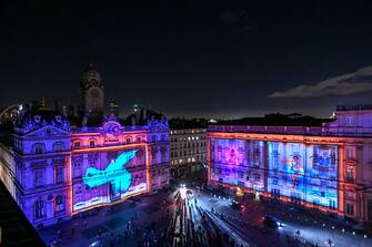 This photograph taken on December 6, 2023 shows the Place des Terreaux illuminated for the preview of the Festival of Lights (Fete des Lumieres), in Lyon, central eastern France. The Festival of Lights (Fete des Lumieres) is marked each year on December 8, since 1852, on the Feast of the Immaculate Conception, after the city was spared by the plague of 1643. (Photo by OLIVIER CHASSIGNOLE / AFP) / RESTRICTED TO EDITORIAL USE - TO ILLUSTRATE THE EVENT AS SPECIFIED IN THE CAPTION (Photo by OLIVIER CHASSIGNOLE/AFP via Getty Images)