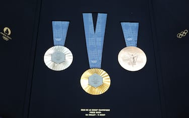 PARIS, FRANCE - FEBRUARY 08: Olympic medals are displayed during the unveiling of the Paris 2024 Olympic and Paralympic Games Medals At Paris 2024 Headquarters on February 08, 2024 in Paris, France. Paris will host the Summer Olympics from July 26 till August 11, 2024. (Photo by Pascal Le Segretain/Getty Images)