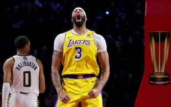 LAS VEGAS, NEVADA - DECEMBER 09: Anthony Davis #3 of the Los Angeles Lakers celebrates a basket against the Indiana Pacers during the fourth quarter in the championship game of the inaugural NBA In-Season Tournament at T-Mobile Arena on December 09, 2023 in Las Vegas, Nevada. NOTE TO USER: User expressly acknowledges and agrees that, by downloading and or using this photograph, User is consenting to the terms and conditions of the Getty Images License Agreement. (Photo by Ethan Miller/Getty Images)