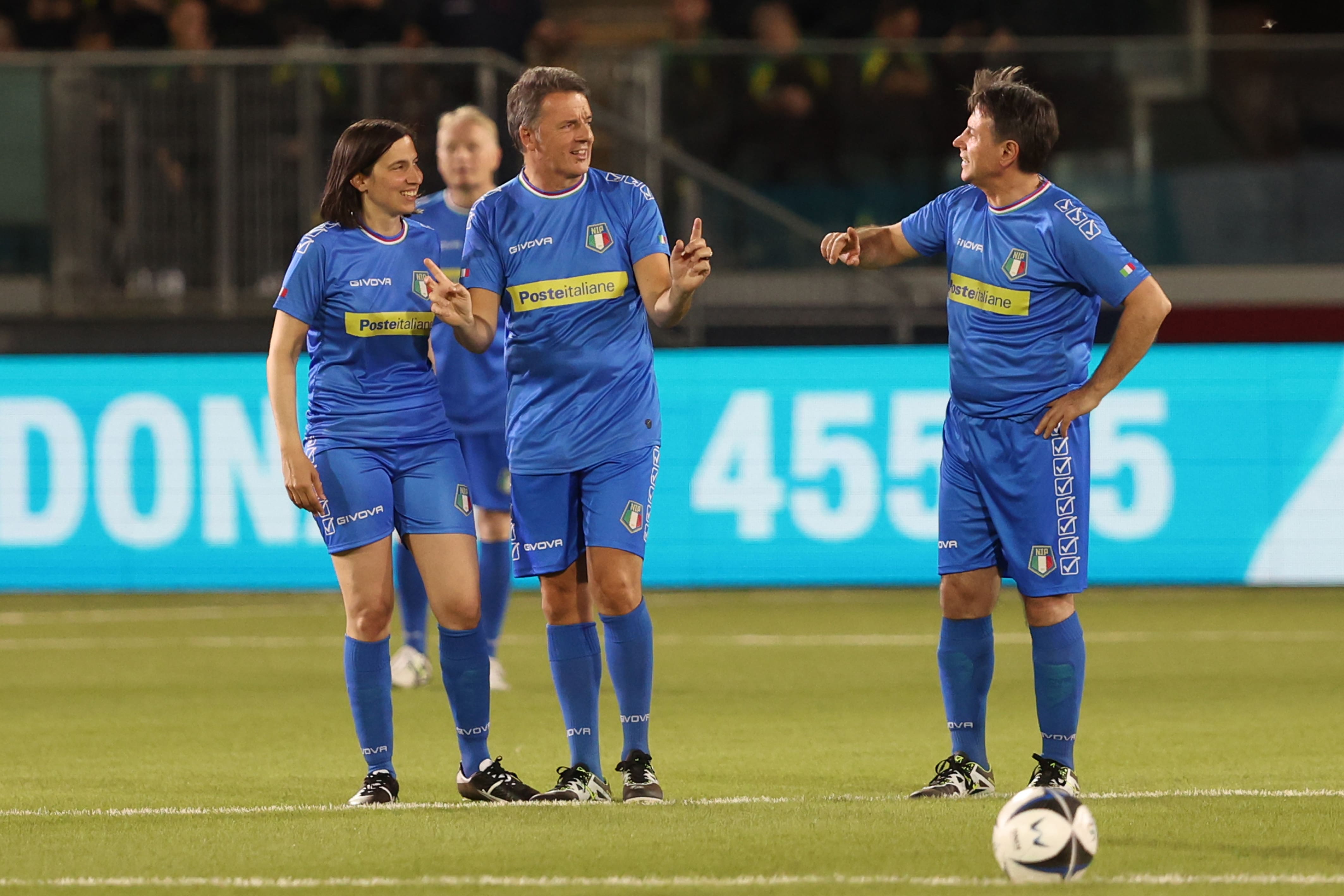 Aquila, Italy 16.07.2024: Elly Schlein, Matteo Renzi, Giuseppe Conte durante la Partita del Cuore 2024 Nazionale Politici contro Nazionale Cantanti presso lo stadio Gran Sasso all’ Aquila