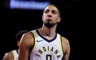 LAS VEGAS, NEVADA - DECEMBER 09: Tyrese Haliburton #0 of the Indiana Pacers reacts against the Los Angeles Lakers during the first quarter in the championship game of the inaugural NBA In-Season Tournament at T-Mobile Arena on December 09, 2023 in Las Vegas, Nevada. NOTE TO USER: User expressly acknowledges and agrees that, by downloading and or using this photograph, User is consenting to the terms and conditions of the Getty Images License Agreement. (Photo by Ethan Miller/Getty Images)