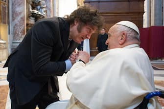 Pope Francis meets Argentina's President Javier Milei in St. Peter's Basilica  prior to the Mass for Canonization of Maria Antonia of Saint Joseph de Paz y Figueroa, Vatican City, 11 February 2024.
ANSA/ VATICAN MEDIA
+++ ANSA PROVIDES ACCESS TO THIS HANDOUT PHOTO TO BE USED SOLELY TO ILLUSTRATE NEWS REPORTING OR COMMENTARY ON THE FACTS OR EVENTS DEPICTED IN THIS IMAGE; NO ARCHIVING; NO LICENSING +++ NPK +++