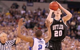 of the Butler Bulldogs of the Duke Blue Devils during the 2010 NCAA Division I Men's Basketball National Championship game at Lucas Oil Stadium on April 5, 2010 in Indianapolis, Indiana.