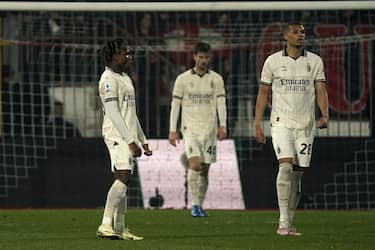 MONZA, ITALY - FEBRUARY 18: Samuel Chukwueze, and Malick Thiaw of AC Milan disappointe during the Serie A TIM match between AC Monza and AC Milan - Serie A TIM  at U-Power Stadium on February 18, 2024 in Monza, Italy. (Photo by Pier Marco Tacca/Getty Images)