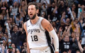 SAN ANTONIO, TX - APRIL 25: Marco Belinelli #18 of the San Antonio Spurs reacts to a play during Game Six of Round One against the Denver Nuggets of the 2019 NBA Playoffs on April 25, 2019 at the AT&T Center in San Antonio, Texas. NOTE TO USER: User expressly acknowledges and agrees that, by downloading and/or using this photograph, user is consenting to the terms and conditions of the Getty Images License Agreement. Mandatory Copyright Notice: Copyright 2019 NBAE (Photos by Mark Sobhani/NBAE via Getty Images)