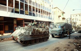 Israeli tanks enter West Beirut after the assassination of the Head of the Lebanese Forces Bechir Gemayel, on September 14, 1982. Gemayel had just been elected President of Lebanon. (Photo by Michel Philippot/Sygma/Sygma via Getty Images)