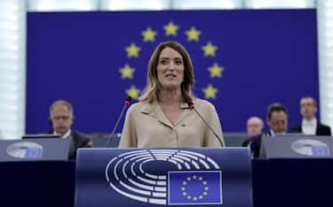 epa11481034 Incumbent European Parliament President and candidate for re-election, Roberta Metsola speaks during a plenary session of the European Parliament in Strasbourg, France, 16 July 2024. The first session of the new European Parliament opens on July 16, with MEPs due to elect their president for the next two and a half years.  EPA/RONALD WITTEK