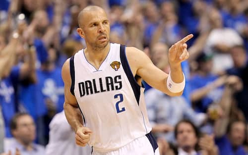 DALLAS, TX - JUNE 05:  Jason Kidd #2 of the Dallas Mavericks reacts after making a three-pointer in the third quarter against the Miami Heat in Game Three of the 2011 NBA Finals at American Airlines Center on June 5, 2011 in Dallas, Texas.  NOTE TO USER: User expressly acknowledges and agrees that, by downloading and/or using this Photograph, user is consenting to the terms and conditions of the Getty Images License Agreement.  (Photo by Ronald Martinez/Getty Images)