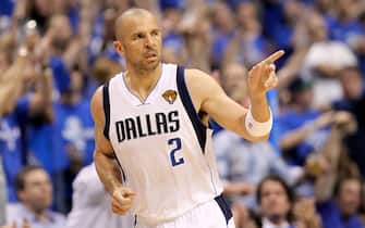DALLAS, TX - JUNE 05:  Jason Kidd #2 of the Dallas Mavericks reacts after making a three-pointer in the third quarter against the Miami Heat in Game Three of the 2011 NBA Finals at American Airlines Center on June 5, 2011 in Dallas, Texas.  NOTE TO USER: User expressly acknowledges and agrees that, by downloading and/or using this Photograph, user is consenting to the terms and conditions of the Getty Images License Agreement.  (Photo by Ronald Martinez/Getty Images)