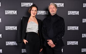 LONDON, ENGLAND - APRIL 07: (L-R) Phoebe Waller-Bridge and Mads Mikkelsen attend the Indiana Jones and the Dial of Destiny presentation during the studio panel at Star Wars Celebration 2023 in London at ExCel on April 07, 2023 in London, England. (Photo by Jeff Spicer/Jeff Spicer/Getty Images for Disney)