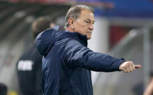 epa09520863 Azerbaijan's head coach Giovanni De Biasi reacts during the FIFA World Cup Qatar 2022 qualifying Group A soccer match between Serbia and Azerbaijan in Belgrade, Serbia, 12 October 2021.  EPA/ANDREJ CUKIC