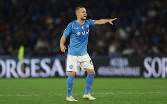SSC Napoli's Slovak midfielder Stanislav Lobotka gesticulate during the Serie A football match between SSC Napoli vs Monza at the Diego Armando Maradona Stadium in Naples, southern Italy, on December 29, 2023.