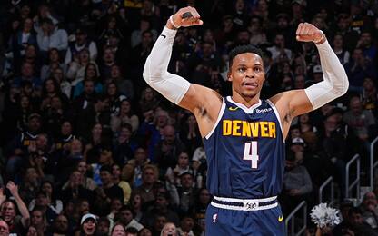 DENVER, CO - FEBRUARY 20: Russell Westbrook #4 of the Denver Nuggets celebrates during the game against the Charlotte Hornets on February 20, 2025 at Ball Arena in Denver, Colorado. NOTE TO USER: User expressly acknowledges and agrees that, by downloading and/or using this Photograph, user is consenting to the terms and conditions of the Getty Images License Agreement. Mandatory Copyright Notice: Copyright 2025 NBAE (Photo by Bart Young/NBAE via Getty Images)