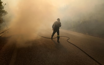 epa11546450 Firefighters try to extinguish a wildfire in Penteli, northeast Attica, Greece, 12 August 2024. The wildfire that broke out in Varnavas on 11 August afternoon continues to rage in Eastern Attica on 12 August, fanned and spread to a front extending more than 20 kilometers. According to the fire department, the fire-fighting effort is extremely difficult as the wind keeps changing direction, while the three main fronts of concern are in Grammatiko, Penteli and the Anatoli settlement in Nea Makri.  EPA/GEORGE VITSARAS