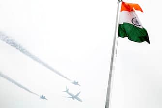 A military flyover takes place despite inclement weather during the Republic Day Parade January 26, 2015 in New Delhi, India.
