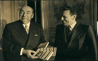 Oct. 10, 1972 - Ambassador And Publishers: Photo Shows Chilean Ambassador to Paris Pablo Neruda (left) Pictured with Paris publisher Lucien Seve who gas published three books on the situation in Chili.