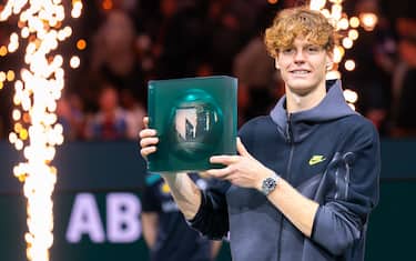 ROTTERDAM, NETHERLANDS - FEBRUARY 18: Jannik Sinner of Italy is seen posing with his trophy after winning the tournament during Day 7 of the ABN AMRO Open 2024 at Ahoy on February 18, 2024 in Rotterdam, Netherlands. (Photo by Joris Verwijst/BSR Agency/Getty Images)