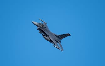 23 February 2022, Rhineland-Palatinate, Spangdahlem: An F-16 fighter aircraft flies over the Eifel near Spangdahlem. Photo: Harald Tittel/dpa (Photo by Harald Tittel/picture alliance via Getty Images)