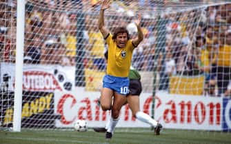 02 July 1982 - Fifa World Cup - Argentina v Brazil  Zico celebrates after scoring a goal for Brazil,      . (Photo by Mark Leech/Getty Images)