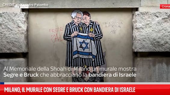 Milano, il murale con Segre e Bruck con bandiera di Israele Milano, il murale con Segre e Bruck con bandiera di Israele