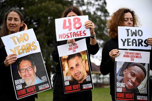 epaselect epa12435893 Protestors hold placards featuring pictures of Israeli hostages during a press conference marking the two-year anniversary of the Hamas attack against Israel, in Sydney, Australia, 07 October 2025.  EPA/BIANCA DE MARCHI AUSTRALIA AND NEW ZEALAND OUT