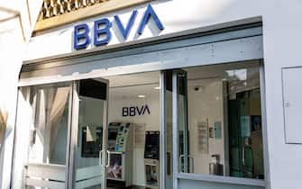 Mexico City,BBVA bank banking,outside exterior,building buildings,front entrance,sign signs information,