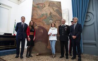 (S-D) Michele Coppola, Executive Director Arte Cultura e Beni Storici di Intesa Sanpaolo, Daniela Porro, Soprintendente Speciale di Roma, Antonio de Vita, Comandante della Legione Carabinieri Lazio e Alessandro Mascherucci, Architetto Soprintendenza Speciale di Roma, durante la presentazione di  'Ludovico David: Un ritrovamento, una restituzione', presso la Caserma Giacomo Acqua, Roma, 16 maggio 2023. ANSA/ANGELO CARCONI