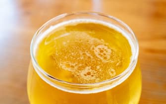 Close-up of glass of Beta Tested Pilsner at Canyon Club microbrewery restaurant in Moraga, California, July 4, 2021. (Photo by Smith Collection/Gado/Getty Images)