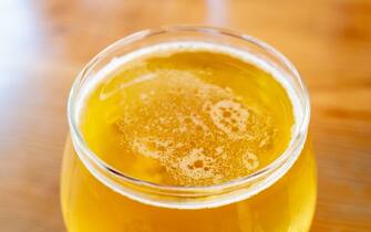 Close-up of glass of Beta Tested Pilsner at Canyon Club microbrewery restaurant in Moraga, California, July 4, 2021. (Photo by Smith Collection/Gado/Getty Images)