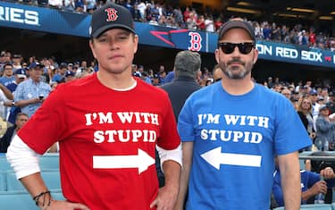 LOS ANGELES, CA - OCTOBER 28:  Matt Damon and Jimmy Kimmel attend The Los Angeles Dodgers Game - World Series - Boston Red Sox v Los Angeles Dodgers - Game Five at Dodger Stadium on October 28, 2018 in Los Angeles, California.  (Photo by Jerritt Clark/Getty Images)