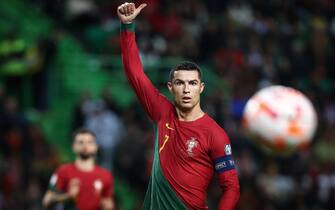 epaselect epa10539395 Portugal's Cristiano Ronaldo reacts during during the UEFA EURO 2024 qualification match between Portugal and Liechtenstein, in Lisbon, Portugal, 23 March 2023.  EPA/RODRIGO ANTUNES