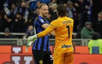 FC Inter's defender Carlos Augusto and FC Inter's goalkeeper Yann Sommer celebrate following  the Italian Serie A soccer match between FC Inter and Juventus FC at Giuseppe Meazza Stadium in Milan, Italy, 4 February 2024. ANSA / ROBERTO BREGANI