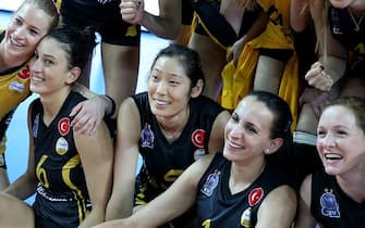 ISTANBUL, TURKEY - JANUARY 10: Ting Zhu (3rd L) of Vakifbank celebrates the victory with her team mates after CEV Volleyball Champions League Women Group D match between Eczacibasi Vitra and VakifBank at Burhan Felek Volleyball Hall in Istanbul, Turkey on January 10, 2017. (Photo by Onur Coban/Anadolu Agency/Getty Images)