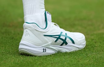 LONDON, ENGLAND - JULY 14: A detailed view of the shoes of Novak Djokovic of Serbia during the Men's Singles Semi Finals match against Jannik Sinner of Italy on day twelve of The Championships Wimbledon 2023 at All England Lawn Tennis and Croquet Club on July 14, 2023 in London, England. (Photo by Clive Brunskill/Getty Images)