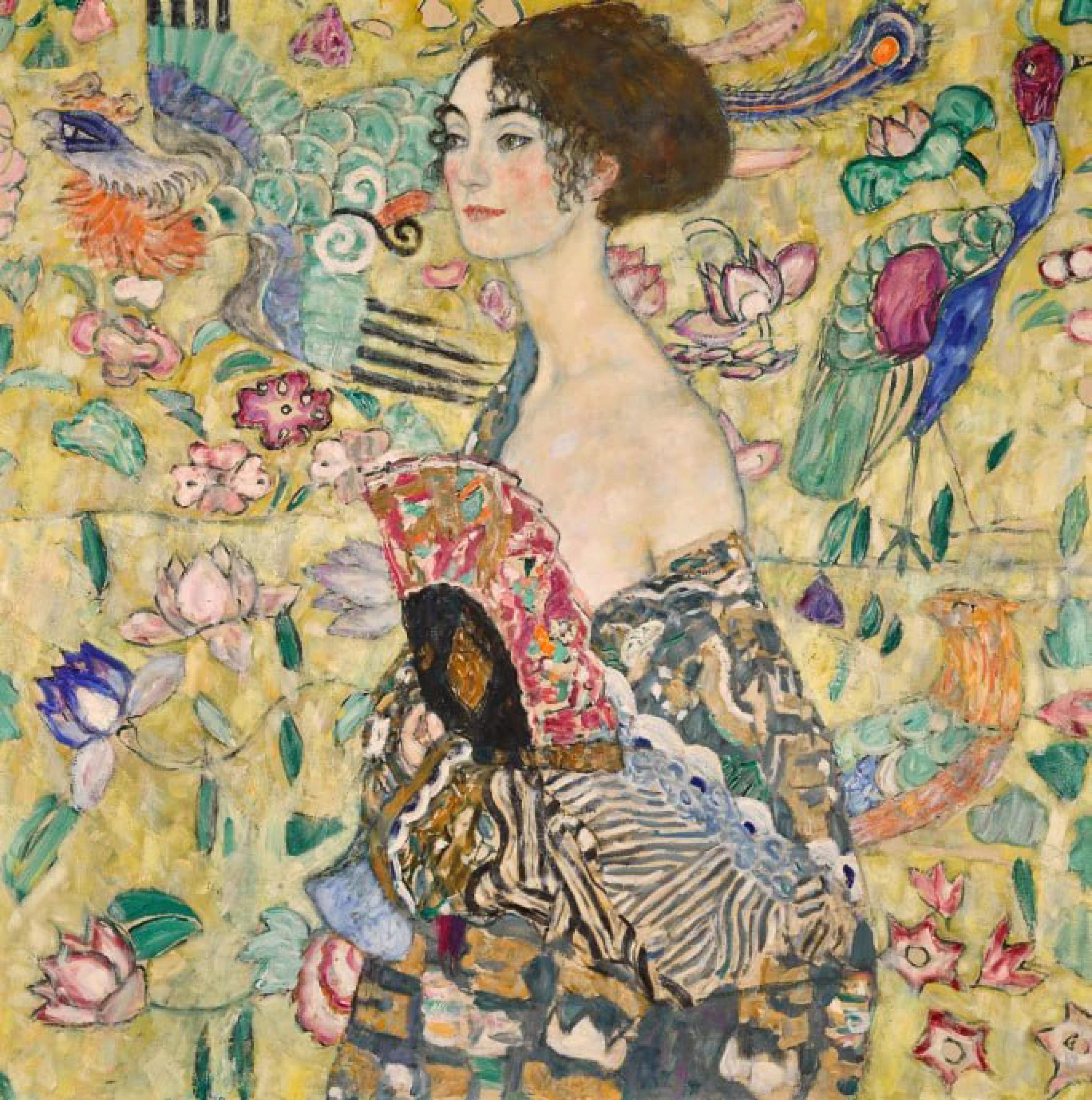 L'ultimo ritratto dipinto da Gustav Klimt, la 'Dama con ventaglio' (Dame mit Facher), venduto per 74 milioni di sterline (86 milioni di euro) da Sotheby's a Londra, stabilendo un nuovo record europeo. ANSA/ SOTHEBY'S ++HO - NO SALES EDITORIAL USE ONLY ++ NPK++