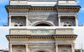 In una combo la Galleria Vittorio Emanuele II prima e dopo i i lavori di pulizia delle scritte. ANSA