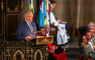 Britain's King Charles III delivers his Commonwealth Day message during the Commonwealth Day service ceremony, at Westminster Abbey, in London, on March 13, 2023. (Photo by HANNAH MCKAY / POOL / AFP) (Photo by HANNAH MCKAY/POOL/AFP via Getty Images)