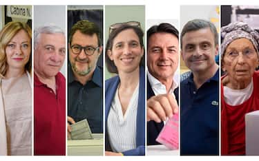 COMBO A 7 A STRISCE VERTICALI:
Da sx: Giorgia Meloni, Antonio Tajani, Matteo Salvini, Elly Schlein, Giuseppe Conte, Carlo Calenda ed Emma Bonino.
ANSA