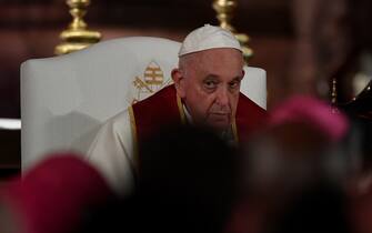 Pope Francis celebrates vespers at the Jeronimos Monastery in Lisbon, during his five-day visit to attend the World Youth Day (WYD) gathering of young Catholics, on August 2, 2023. Pope Francis arrived in Lisbon today to gather with a million youngsters from across the world at the World Youth Day (WYD), held as the Church reflects on its future. The 86-year-old underwent major abdominal surgery just two months ago, but that has not stopped an event-packed 42nd trip abroad, with 11 speeches and around 20 meetings scheduled. (Photo by MIGUEL RIOPA / AFP) (Photo by MIGUEL RIOPA/AFP via Getty Images)