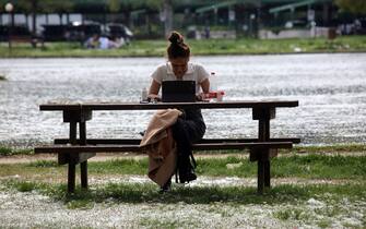 ROME, ITALY - 13.04.2022:  Pollen falls on the ground of the park of tor di quinto in the city of Rome, with the return of the pollen in spring causing many people strong allergies very similar to colds and which can be confused with the symptoms of the Covid 19 variant omicron and XE.