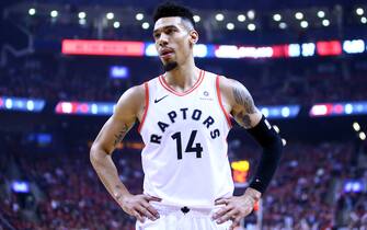 TORONTO, ON - APRIL 13:  Danny Green #14 of the Toronto Raptors looks on during Game One of the first round of the 2019 NBA playoffs against the Orlando Magic at Scotiabank Arena on April 13, 2019 in Toronto, Canada.  NOTE TO USER: User expressly acknowledges and agrees that, by downloading and or using this photograph, User is consenting to the terms and conditions of the Getty Images License Agreement.  (Photo by Vaughn Ridley/Getty Images)
