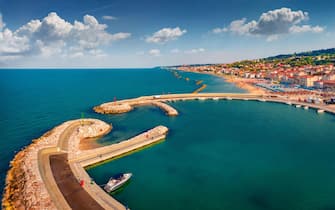 Astonishing morning view from flying drone of Francavilla al Mare port. Exotic summer seascape of Adriatic sea. Picturesque outdoor scene of Italy, Eu