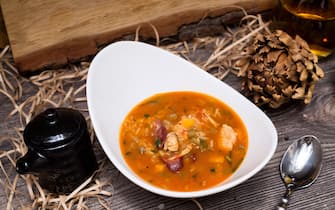 zuppe Spicy New Orleans Gumbo soup with shrimp, vegetables and hunting sausages